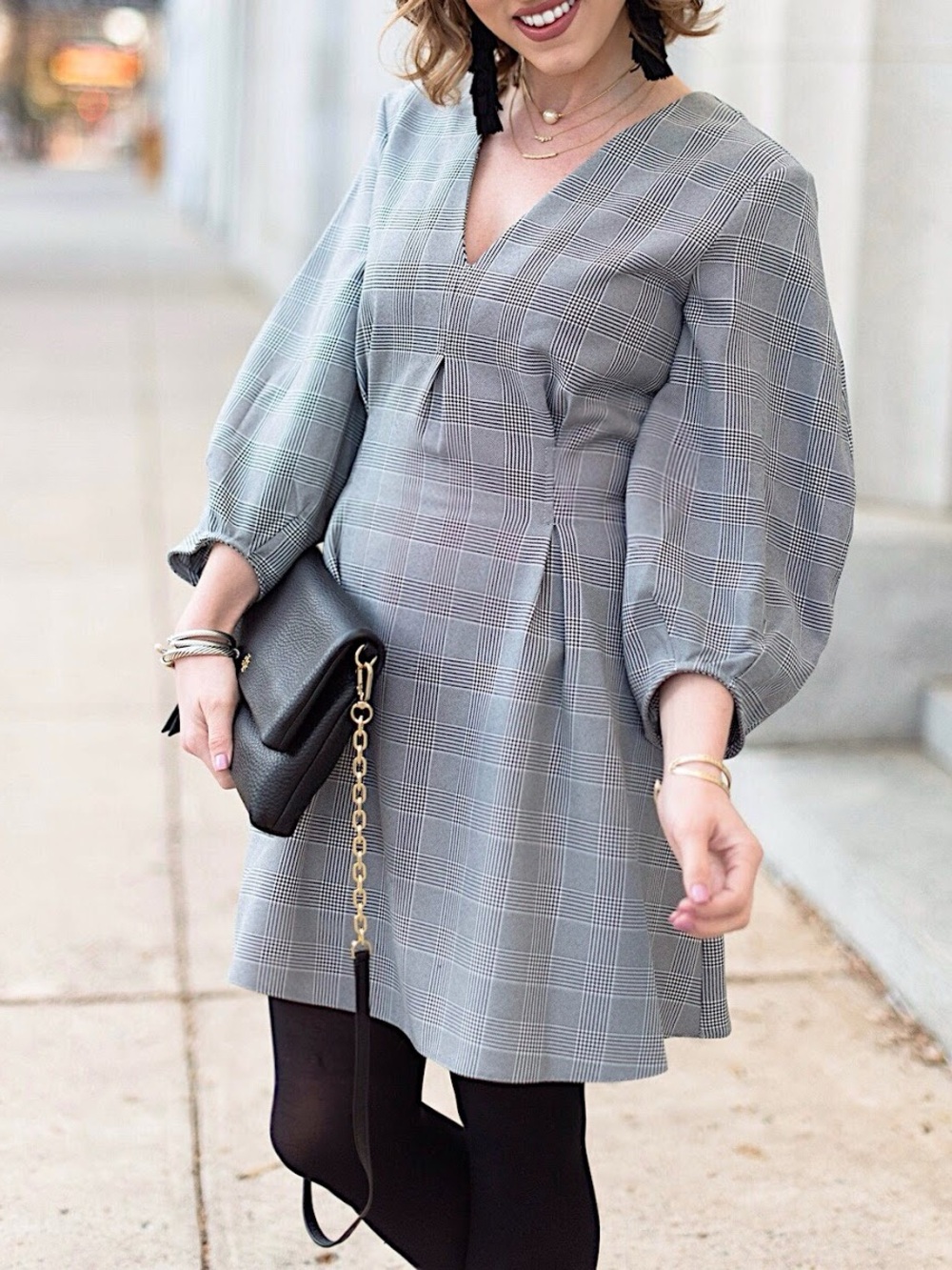Topshop Gray Plaid V-Neck Puff-Sleeve Dress